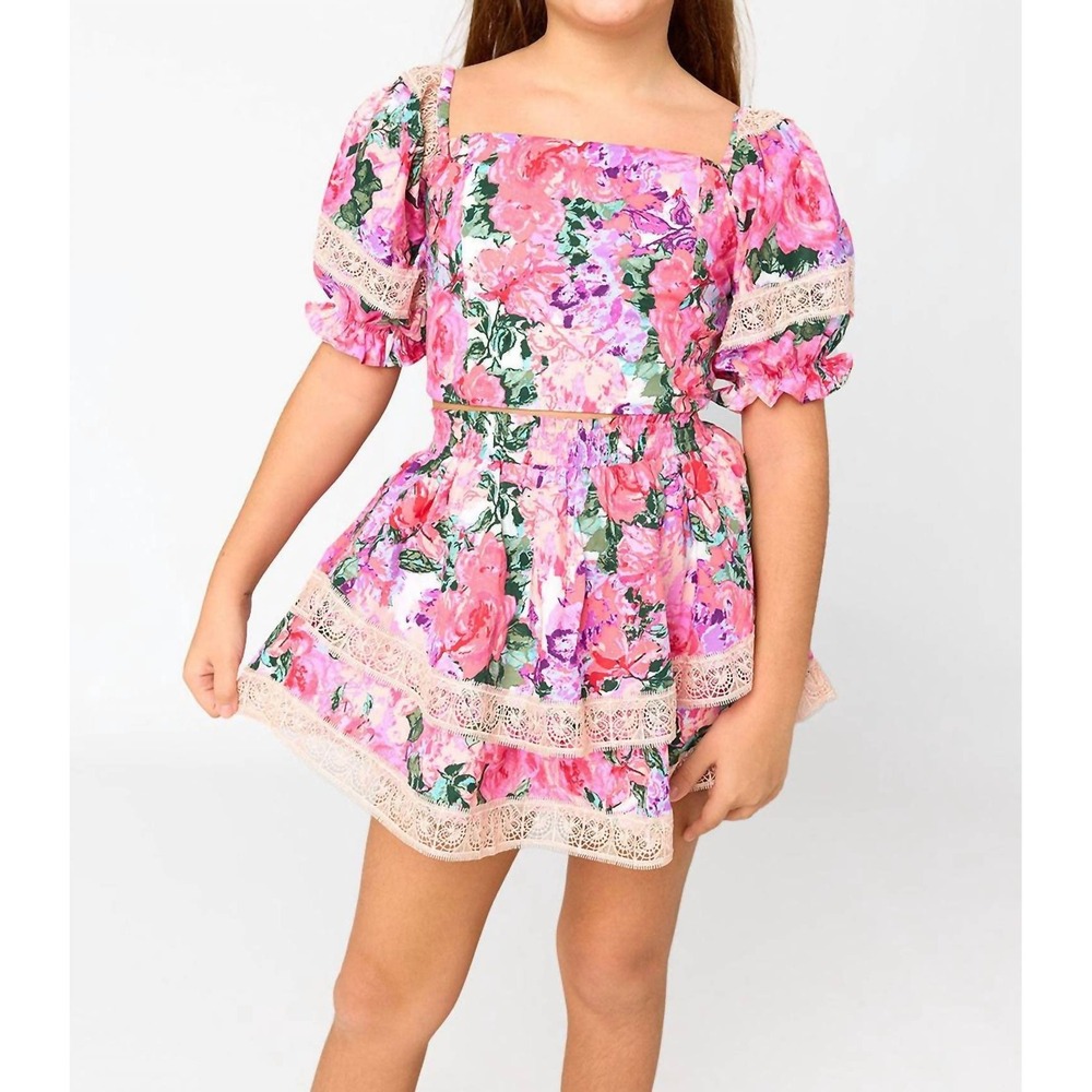 BuddyLove Girls Pink Floral Lace Trim Two Piece Set Top and Shorts Size Medium